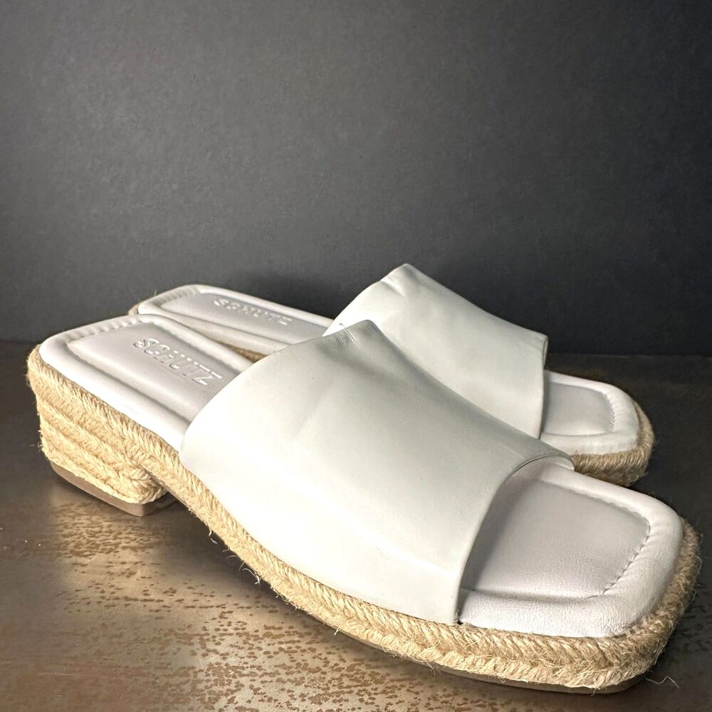 Schutz Slide Sandals 6.5 Flat Espadrille Leather Elegant Travel Chic White Corah